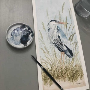 Blue heron art print, great blue heron painting, heron wall art, beach bird wall art, sea grass painting for beach house, gift for mom image 4