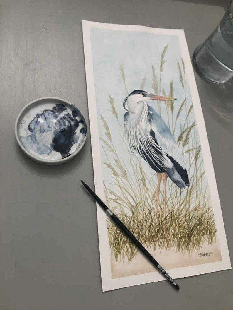 Blue heron art print, great blue heron painting, heron wall art, beach bird wall art, sea grass painting for beach house, gift for mom image 4