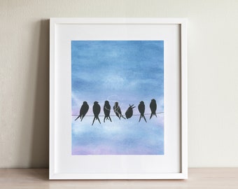 Birds on a wire print, Original watercolor art print, bird silhouette, sky painting, fine art giclee print, bird lover gift for friend