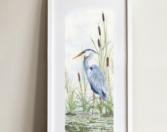 Great Blue Heron Watercolor Print, cat tails and grasses, nautical art, bedroom wall art, blue birds painting, crane bird art, heron artwork