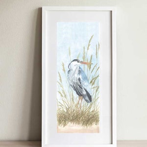 Blue heron art print, great blue heron painting, heron wall art, beach bird wall art, sea grass painting for beach house, gift for mom image 1