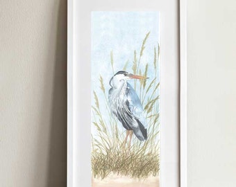 Blue heron art print, great blue heron painting, heron wall art, beach bird wall art, sea grass painting for beach house, gift for mom