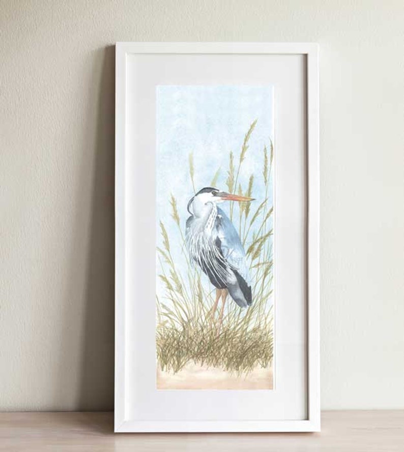 Blue heron art print, great blue heron painting, heron wall art, beach bird wall art, sea grass painting for beach house, gift for mom image 1