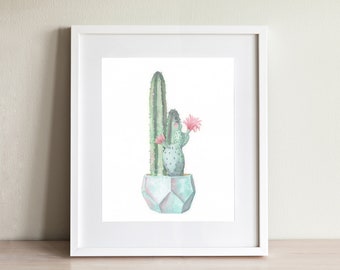 Cactus print, cacti decor, watercolor cactus painting, cactus nursery decor, boho cactus wall art, cactus and flower, succulent art print