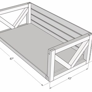 Pu&ograve; includere: Una panca in legno con schienale a doghe e un semplice design a forma di X sui lati. La panca misura 87 pollici di lunghezza, 43 pollici di larghezza e 27 1/2 pollici di altezza.