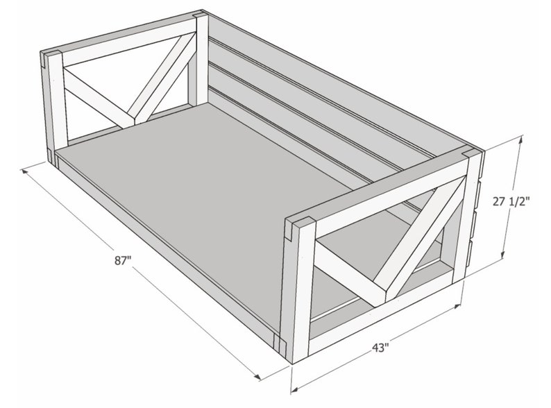 Pu&ograve; includere: Una panca in legno con schienale a doghe e un semplice design a forma di X sui lati. La panca misura 87 pollici di lunghezza, 43 pollici di larghezza e 27 1/2 pollici di altezza.