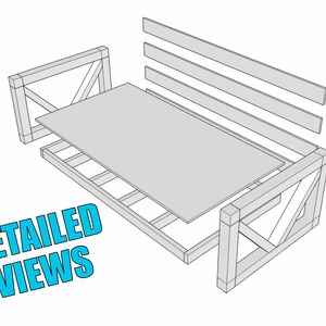 Pu&ograve; includere: Un disegno di linea dettagliato di un divano letto in legno con una base a doghe e uno schienale rimovibile. Il divano letto &egrave; realizzato con linee dritte semplici ed &egrave; mostrato in una prospettiva 3D.