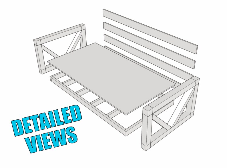 Pu&ograve; includere: Un disegno di linea dettagliato di un divano letto in legno con una base a doghe e uno schienale rimovibile. Il divano letto &egrave; realizzato con linee dritte semplici ed &egrave; mostrato in una prospettiva 3D.