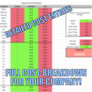 May include: A spreadsheet with a green and red color scheme. The spreadsheet is titled "Detailed Cost Entries" and shows a breakdown of costs. The total cost is $1003.79.