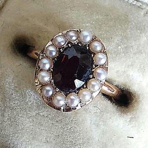 Romantic Garnet And Seed Pearl Ring - Antique 15ct Gold, Petite Victorian Treasure