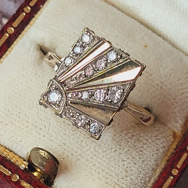 Antique art deco 9ct gold sunburst diamond paste ring, unique antique jewelry, size O