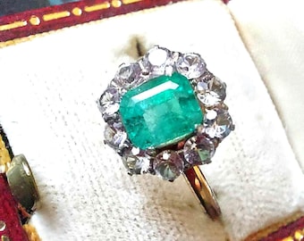 Feminine 9ct Yellow Gold Antique Natural Emerald Ring, Unique Antique jewellery, c.1900s, love antiques