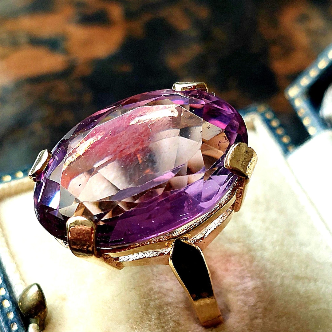 Antique Edwardian 9ct Gold Amethyst Statement Ring, Large Old Cut ...