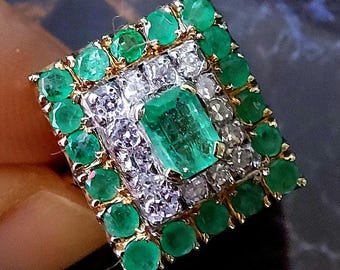 Exceptional Large Vintage 14k Natural Emerald And Diamond Ring, Unique Vintage jewelry