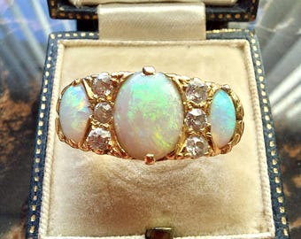 Extraordinary Heavy 18ct gold Antique Edwardian natural opal 9 Stone ring, size 8 3/4, fine antique jewelry