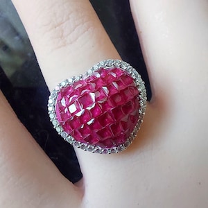 Sterling Silver Ruby Heart Ring, Princess Cut Mosaic, Statement Cocktail Ring, Size 7