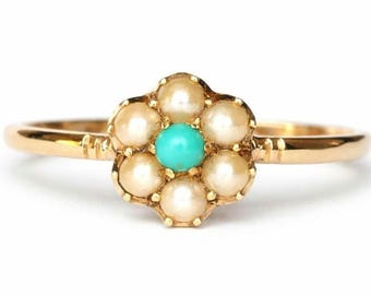 Antique Victorian 15k Gold Turquoise & Seed Pearl Cluster Ring