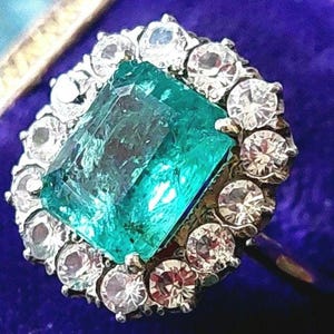 Antique 9ct Gold 3ct Natural Emerald & White Sapphire Cluster Ring, Regal Cocktail Statement, Size M 1/2