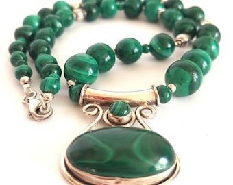 Vintage Sterling Silver Malachite Necklace, Statement Pendant