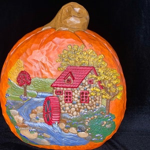 Ceramic 3D pumpkin with waterwheel and stream
