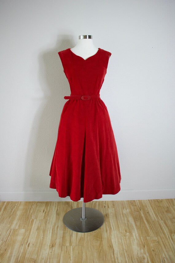 Vintage late 40's early 50's Red Corduroy Dress wi