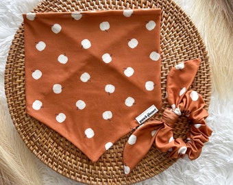 Pumpkin Dog Bandana/ Fall Dog Bandana/Over The Collar/Tie On Dog Bandana optional matching Scrunchie/Boho Dog or Cat Bandanas/Autumn Bandana