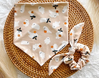 Ghost Dog Bandana/Halloween Dog Bandana/Over The Collar/Tie On Dog bandana With Matching Scrunchie, Retro Halloween Dog or Cat Bandanas