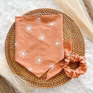 Summer Sun dog bandana,over the collar or tie-on dog bandana with matching scrunchie,fall dog bandana,boho pet accessories,trendy pet wear