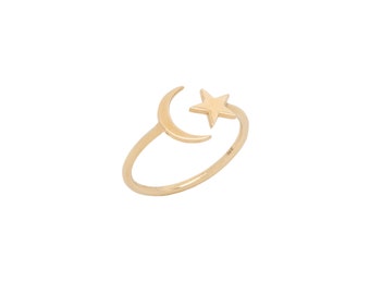 14k Celestial Star & Moon Open Ring