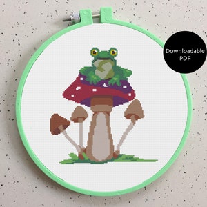 Frog on Mushroom Modern Cross Stitch Pattern, Downloadable PDF