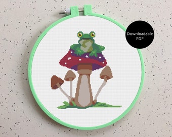 Kikker op paddestoel modern kruissteekpatroon, downloadbare PDF
