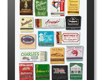 May include: A framed print featuring a grid of vintage-style matchbook covers from various New Orleans restaurants. The colorful collection includes names like Pat O'Brien's, Arnaud's, Mother's, and Cafe Du Monde, displayed in a black frame.