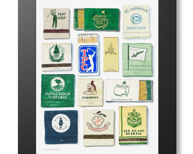 Famous Golf Courses Matchbook Covers Collection - Watercolor Art Print - Unique Golf Gift
