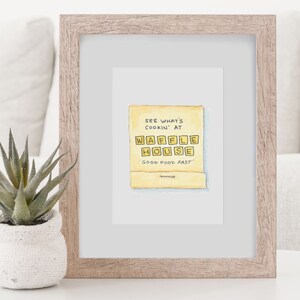 K&ouml;nnte beinhalten: Eine Aquarellillustration eines gelben Streichholzschachtels mit dem Text "See what's cookin' at Waffle House. Good food fast."