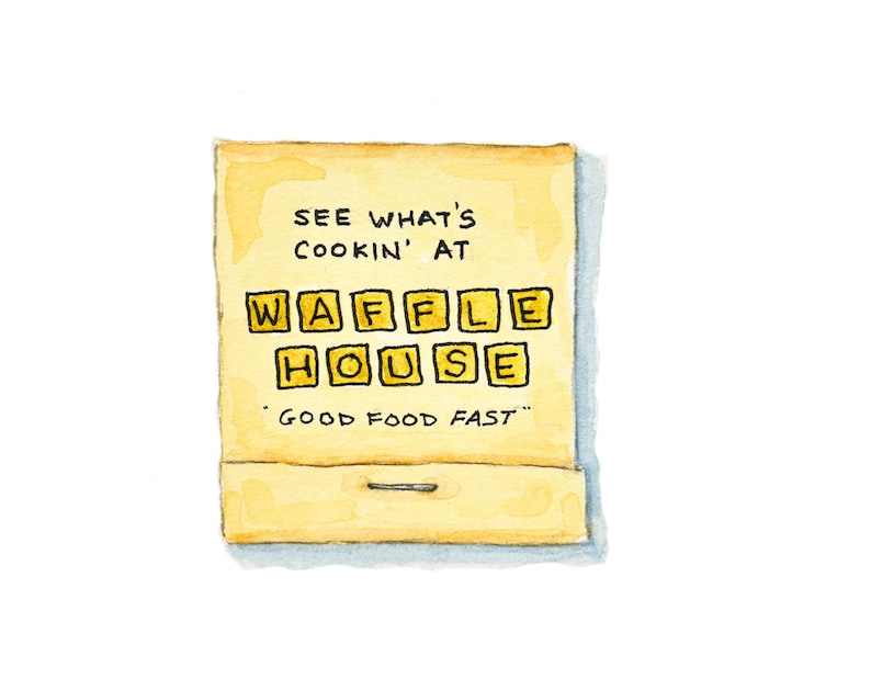 Watercolor painting of a vintage Waffle House Matchbook