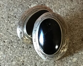 Oval Onyx and Etched Sterling Silver Post Earrings