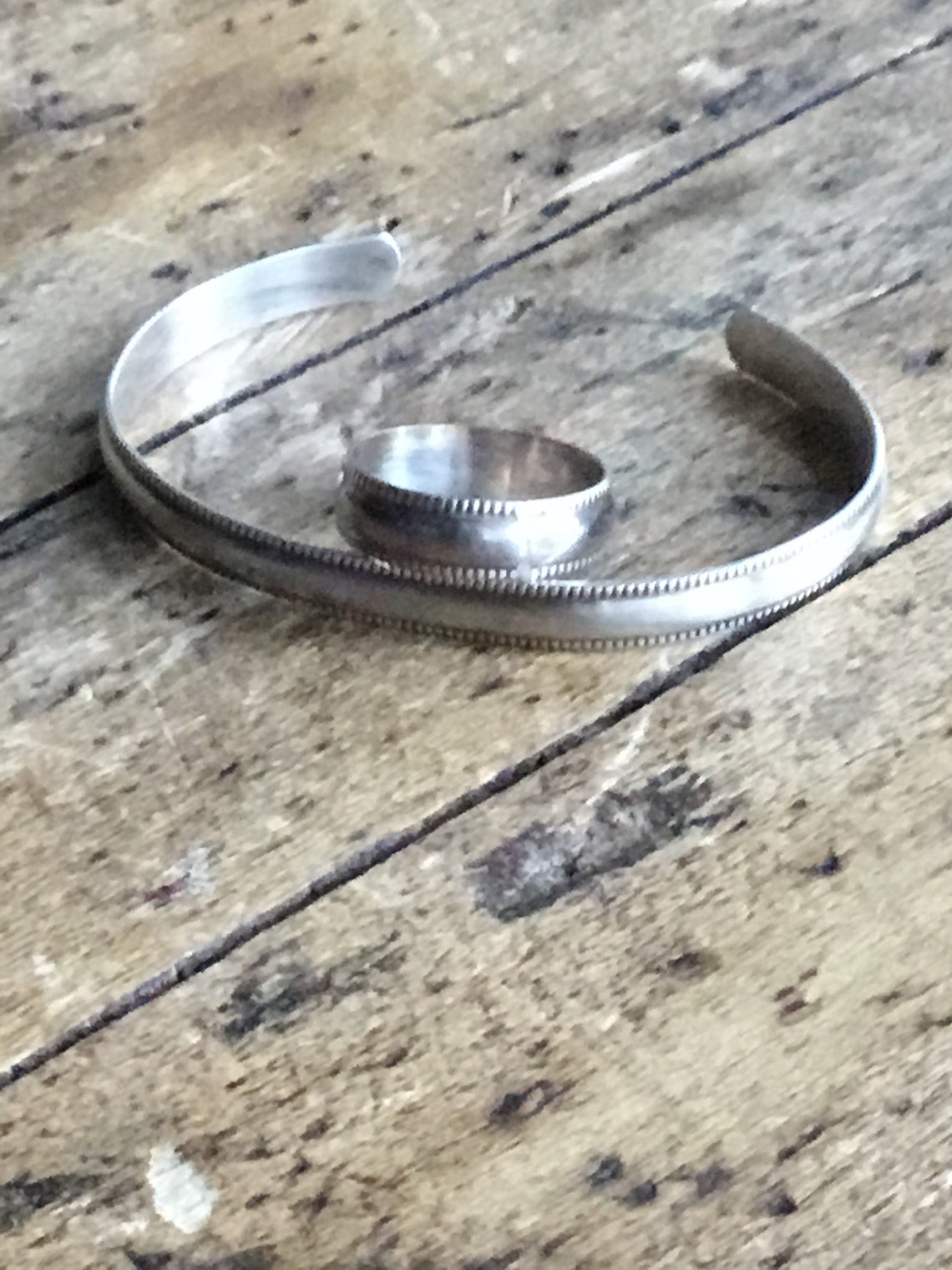 Matching Sterling Silver Cuff and Ring with Mill Grain Edge image 0