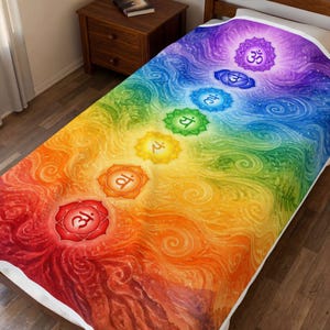 May include: A rectangular bed blanket featuring a vibrant rainbow gradient background with swirling patterns. Seven circular chakra symbols are aligned vertically along the center, each displaying a unique Sanskrit character in a distinct color.