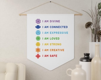 Seven Chakra Affirmations Wall Pennant, White Background, Spiritual Art Banner