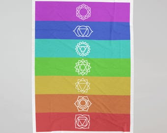 Chakra Symbols Color Stripe Velveteen Plush Blanket | Energy Healing Throw