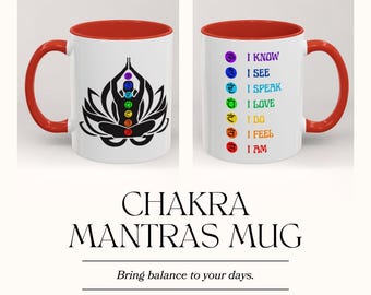 Chakra Mantras Accent Mug, Meditation Lotus Flower Coffee Cup, Energy Healer Spiritual Gift, Two-Tone 11oz 15oz Mug