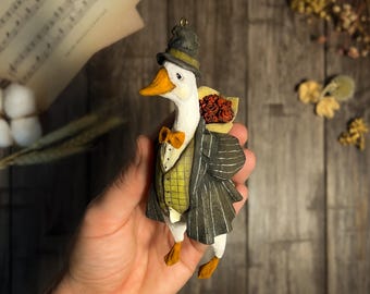 Spun cotton wool goose ornaments Vintage inspired handmade toys Wall hanging ooak christmas tree decor Cute soft sculpture Small figurine