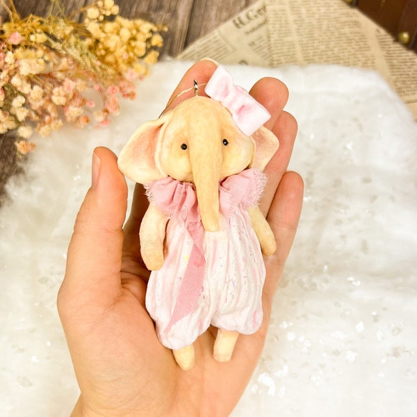 Spun cotton wool pink elephant ornament Vintage inspired handmade decor Wall hanging ooak fairy core toy Cute soft sculpture Small figurine