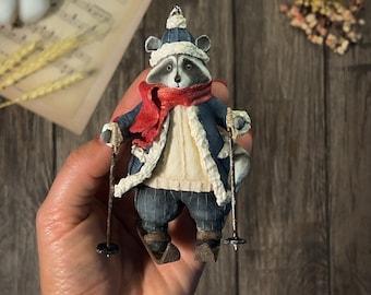 Spun cotton wool racoon toy Vintage inspired handmade christmas ornaments Raccoon figurine Wall hanging ooak decor Cute soft sculpture