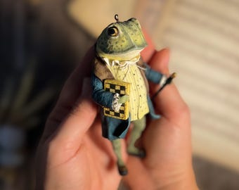 Ozdoby z waty w kształcie żaby szachistki, inspirowane stylem vintage, unikatowe, ręcznie robione zabawki, wisząca na ścianę, dębowa dekoracja świąteczna, słodka, miękka rzeźba