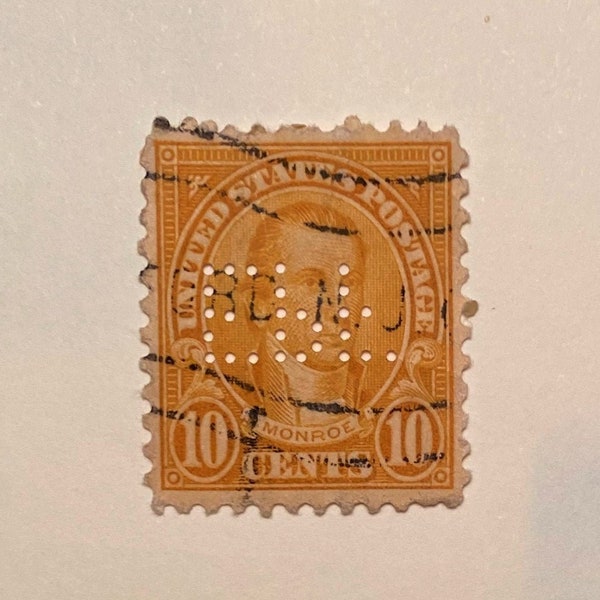 President James Monroe 10c Stamp with Machine Cancellation and Perfin "EcL" Cancellation; 1929; Orange; VG, NH, NG