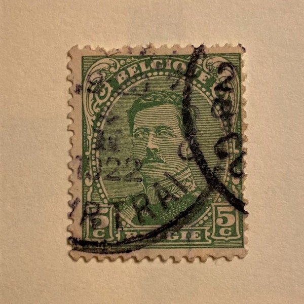 King Albert I of Belgium (1909- 1934) 5 Cent Stamp; Green, Issued 1915; Cancelled; BELGIQUE BELGE