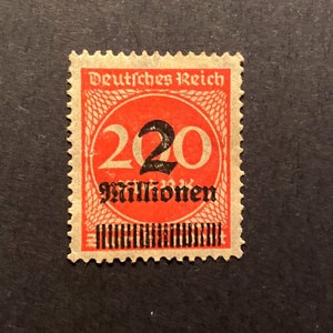 SALE Weimar Republic German Empire Stamp; Overprinted 2 Millionen on 200 Mark; Mint NH, EF; Hyperinflation 1923; 102 years old! Very Rare!