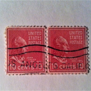 U.S. President John Tyler (1790-1862); TWO Paired and Cancelled 10 Cent tamps; 1939 Presidential Series; Scott #815; Reddish Brown