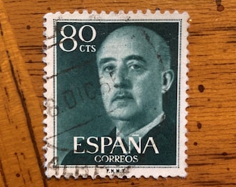 Gen Francisco Franco 80 céntimos Espana Stamp; Issued 1954 in Spain; Scott #824/A221; Dark Blue Green; Light Cancel; VF/U, NH, OG
